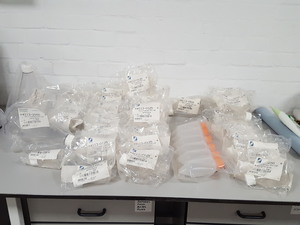 Thumbnail image of Lot of Nalgene Sterile Disposable PETG Baffled Bottom Flask 4113-2000, 0125, 050