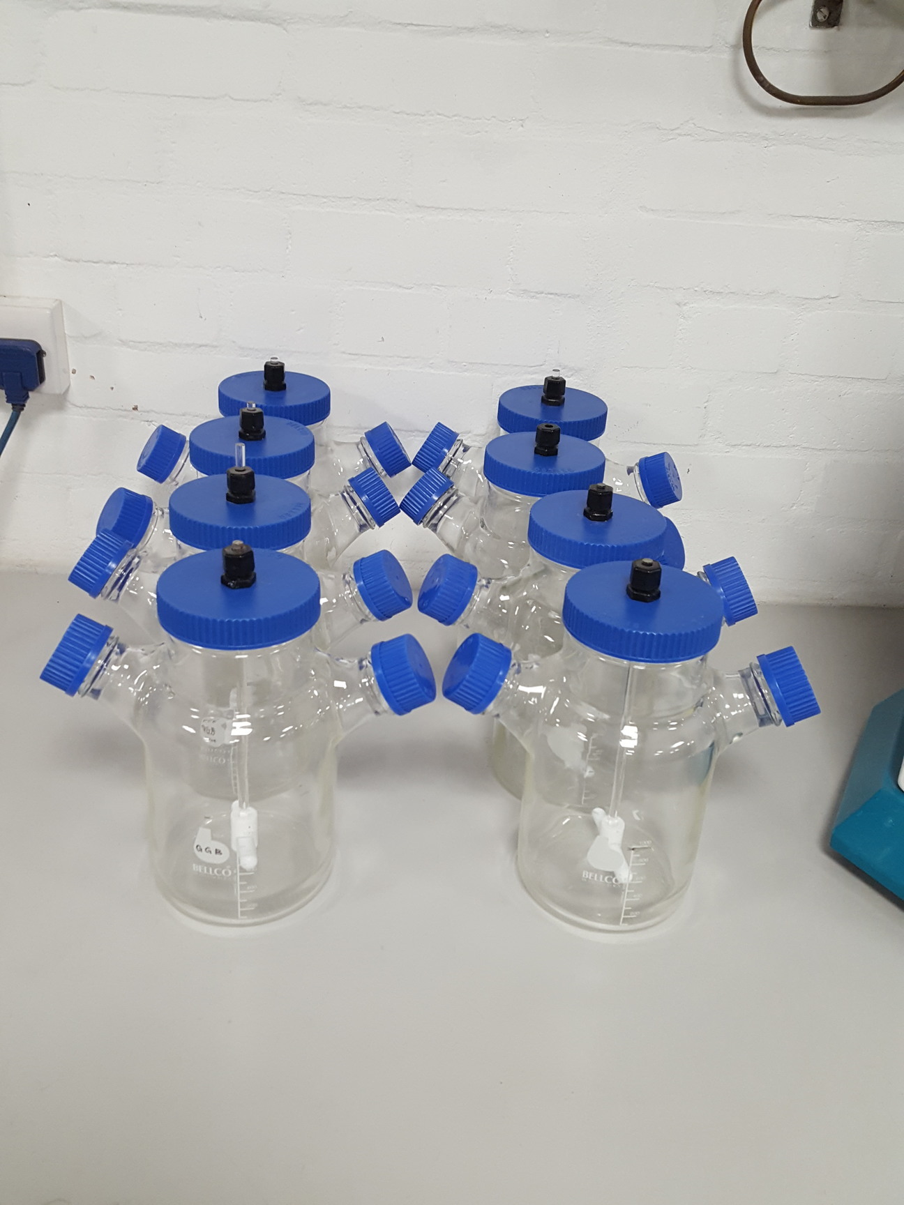 Image of 8x Bellco 1000 mL 3-Neck Glass Spinner Flask With Terumo Syringe Without Needle