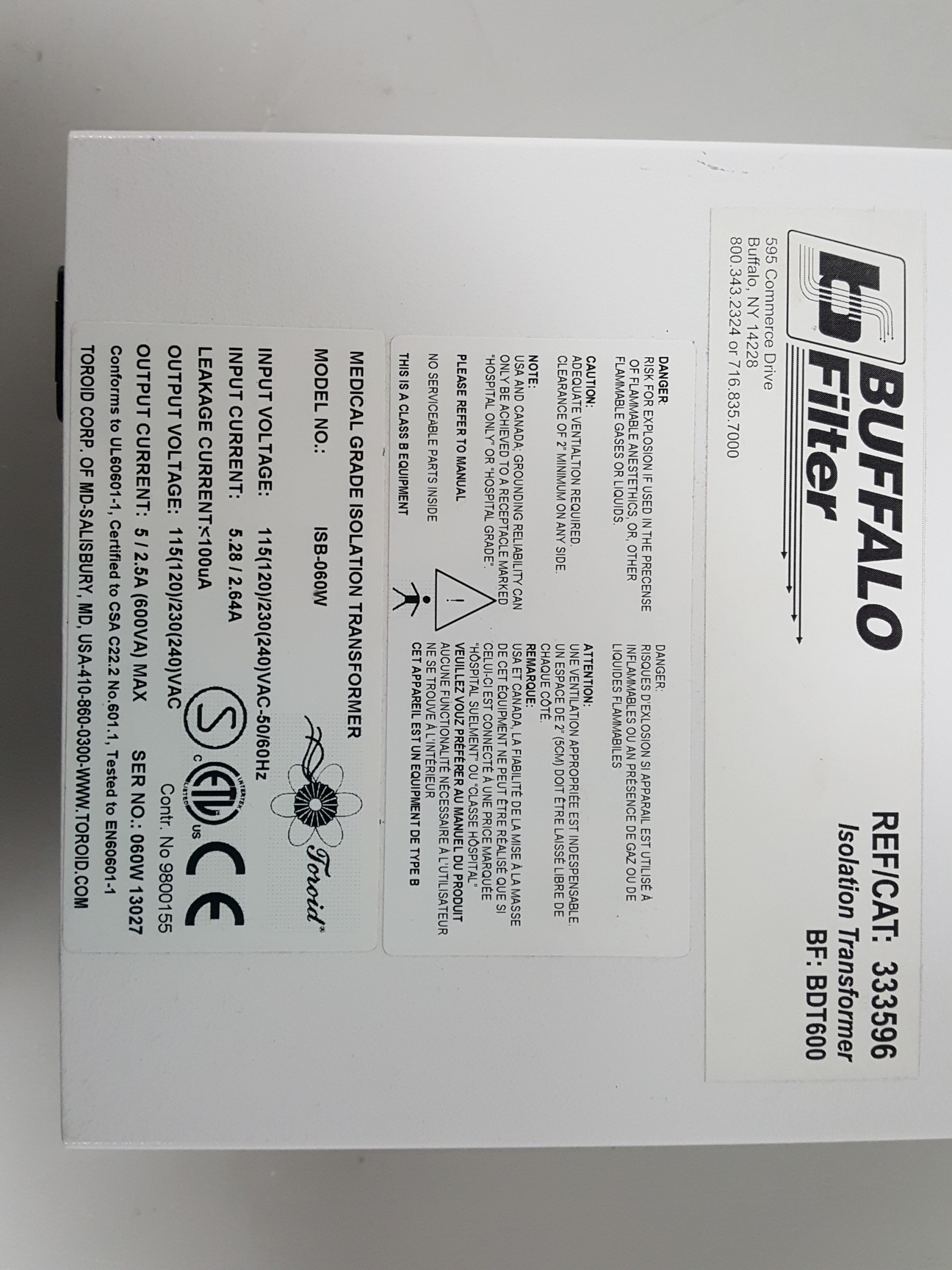 Image of Buffalo Filter ISB-060W Medical Grade Isolation Transformer