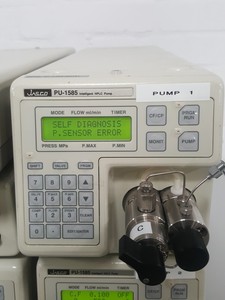 Thumbnail image of Jasco UV-1575 Detector, PU1585 HPLC Pump, MX-2080-32 Mixer, DG-1580-54 Degasser