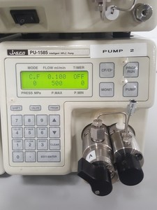 Thumbnail image of Jasco UV-1575 Detector, PU1585 HPLC Pump, MX-2080-32 Mixer, DG-1580-54 Degasser