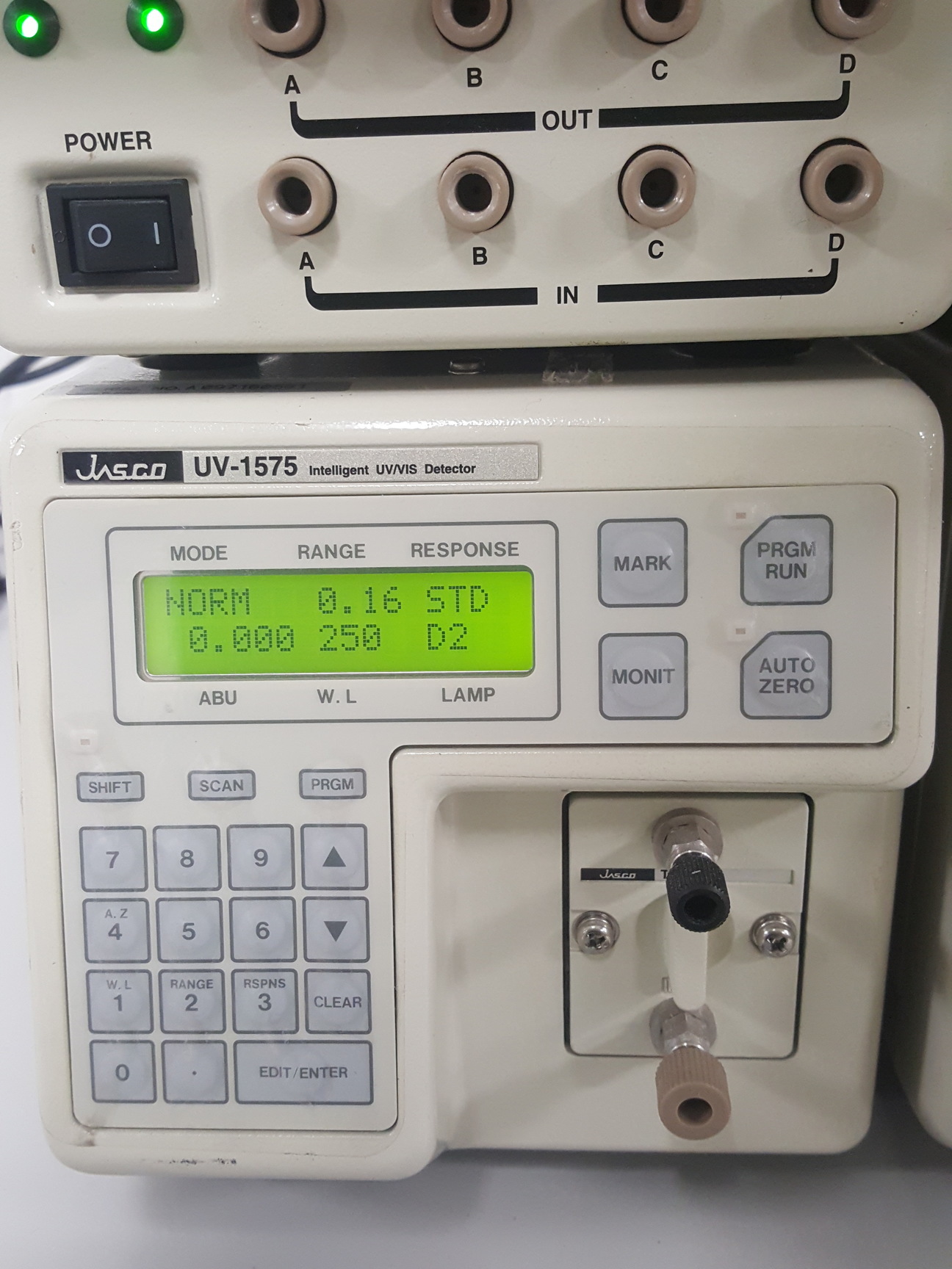 Image of Jasco UV-1575 Detector, PU1585 HPLC Pump, MX-2080-32 Mixer, DG-1580-54 Degasser