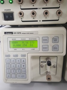 Thumbnail image of Jasco UV-1575 Detector, PU1585 HPLC Pump, MX-2080-32 Mixer, DG-1580-54 Degasser