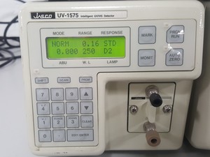 Thumbnail image of Jasco UV-1575 Detector, PU1585 HPLC Pump, MX-2080-32 Mixer, DG-1580-54 Degasser