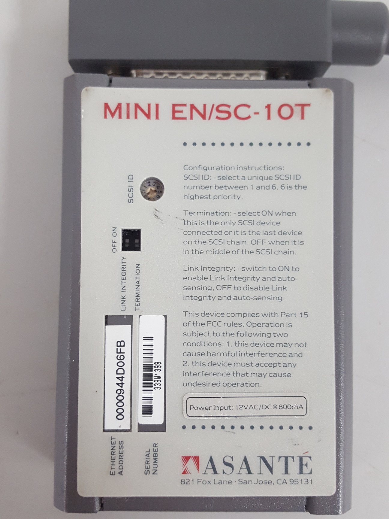 Image of Asante Mini EN/SC-10T SCSI Ethernet Adapter and Cable