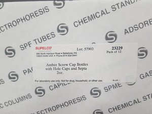 Thumbnail image of 12x Supelco Amber Screw Cap Bottles With Hole Cap & Septa (2oz) Lab