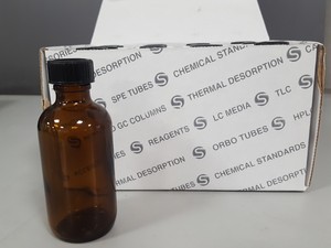 Thumbnail image of 12x Supelco Amber Screw Cap Bottles With Hole Cap & Septa (2oz) Lab