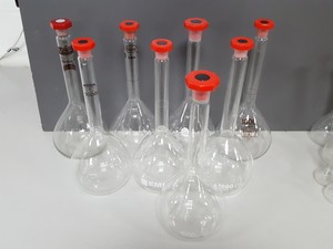 Thumbnail image of 135x Lab Glass Long Neck Volumetric Flasks 2000mL, 1000mL, Glassware 