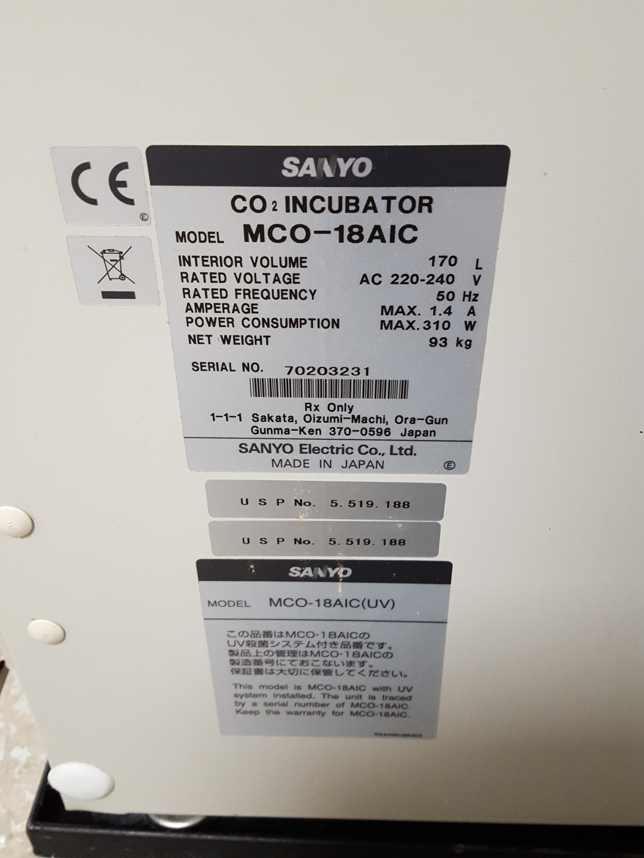 Image of Sanyo MCO-18AIC Co2 Lab Incubator