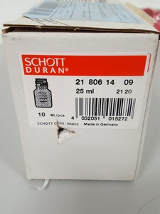 Thumbnail image of 11x Schott Duran 25ml Glass Bottles With 10 Lids Lab Glassware