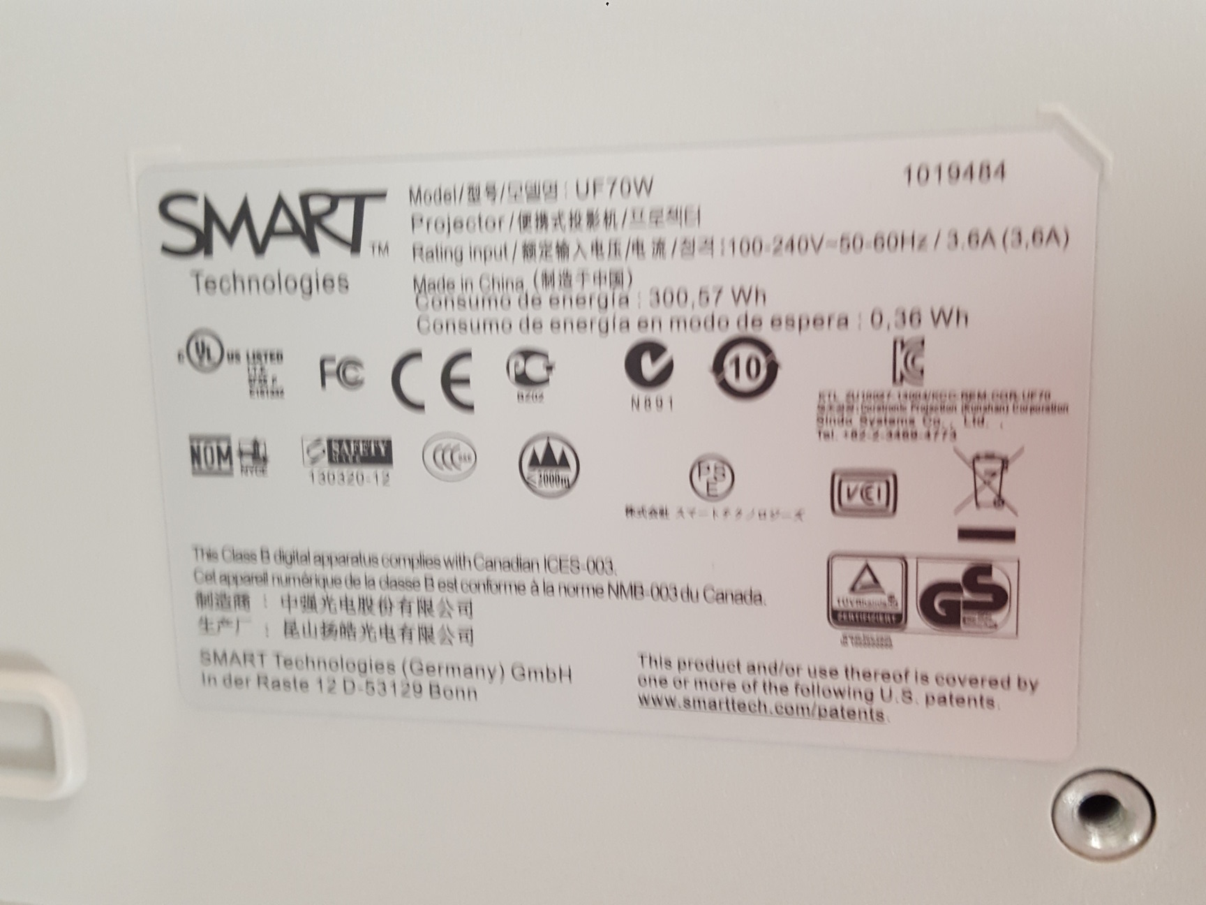 Image of Smart Technologies UF70W Ultra-Short-throw DLP Projector