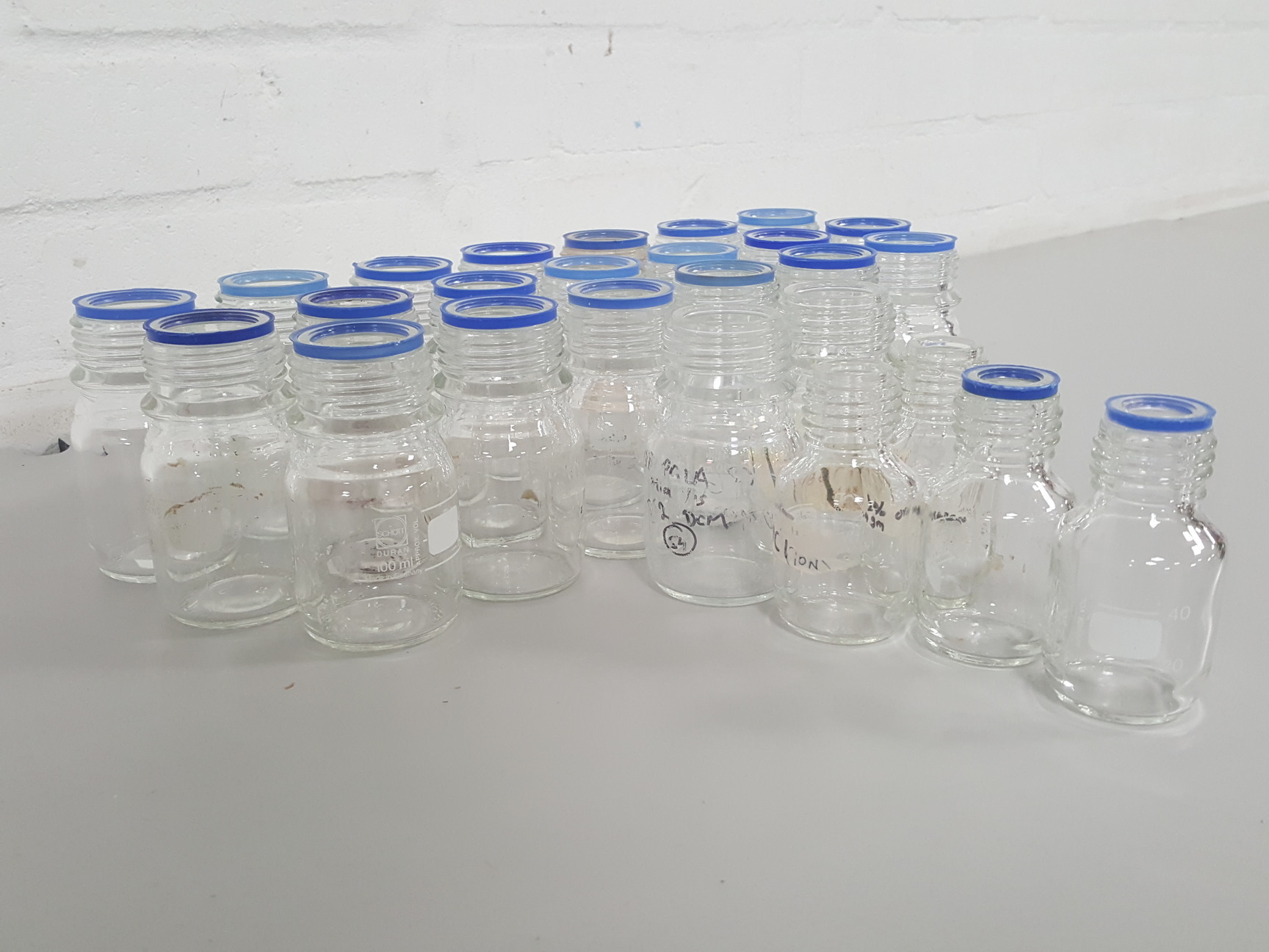 Image of 26x Glassware Duran Glass Bottles 100mL, 50mL, - No Lids