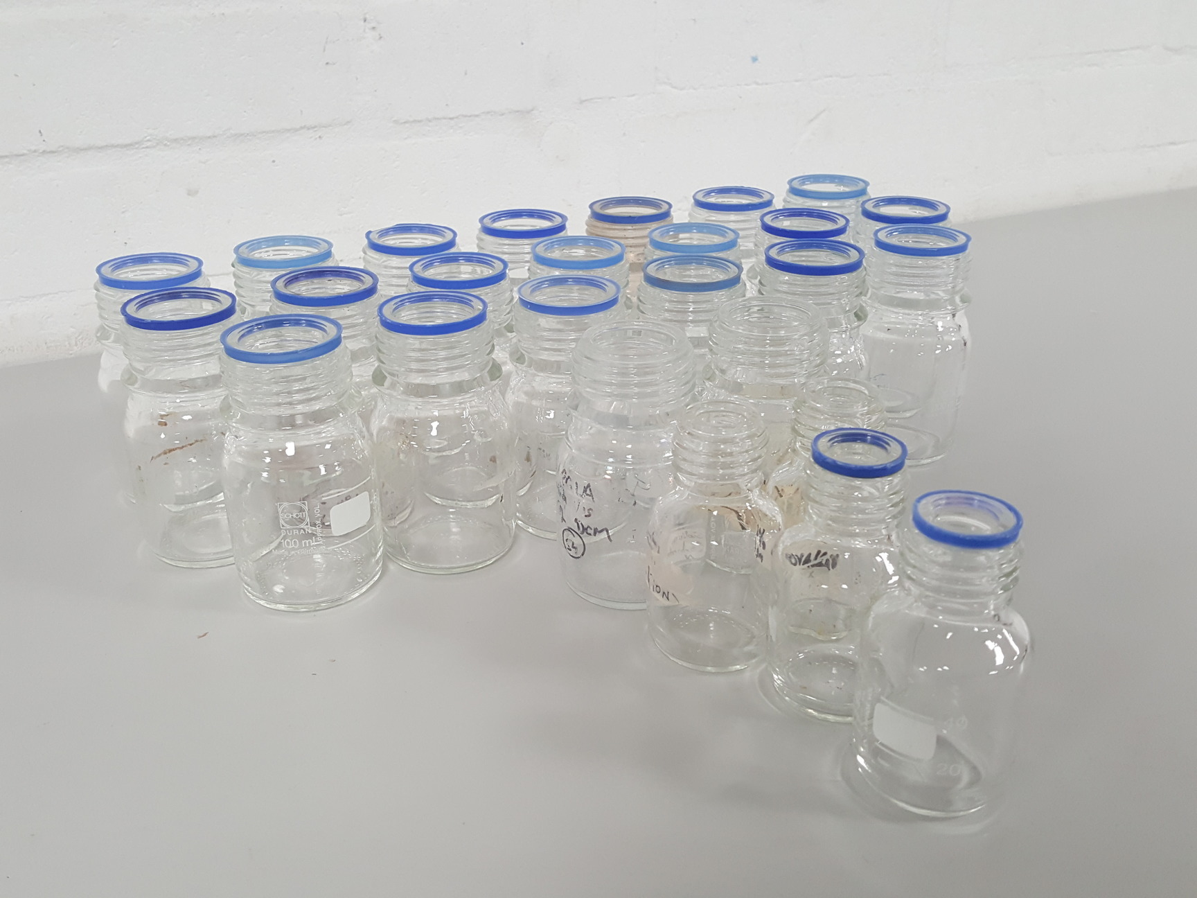 Image of 26x Glassware Duran Glass Bottles 100mL, 50mL, - No Lids