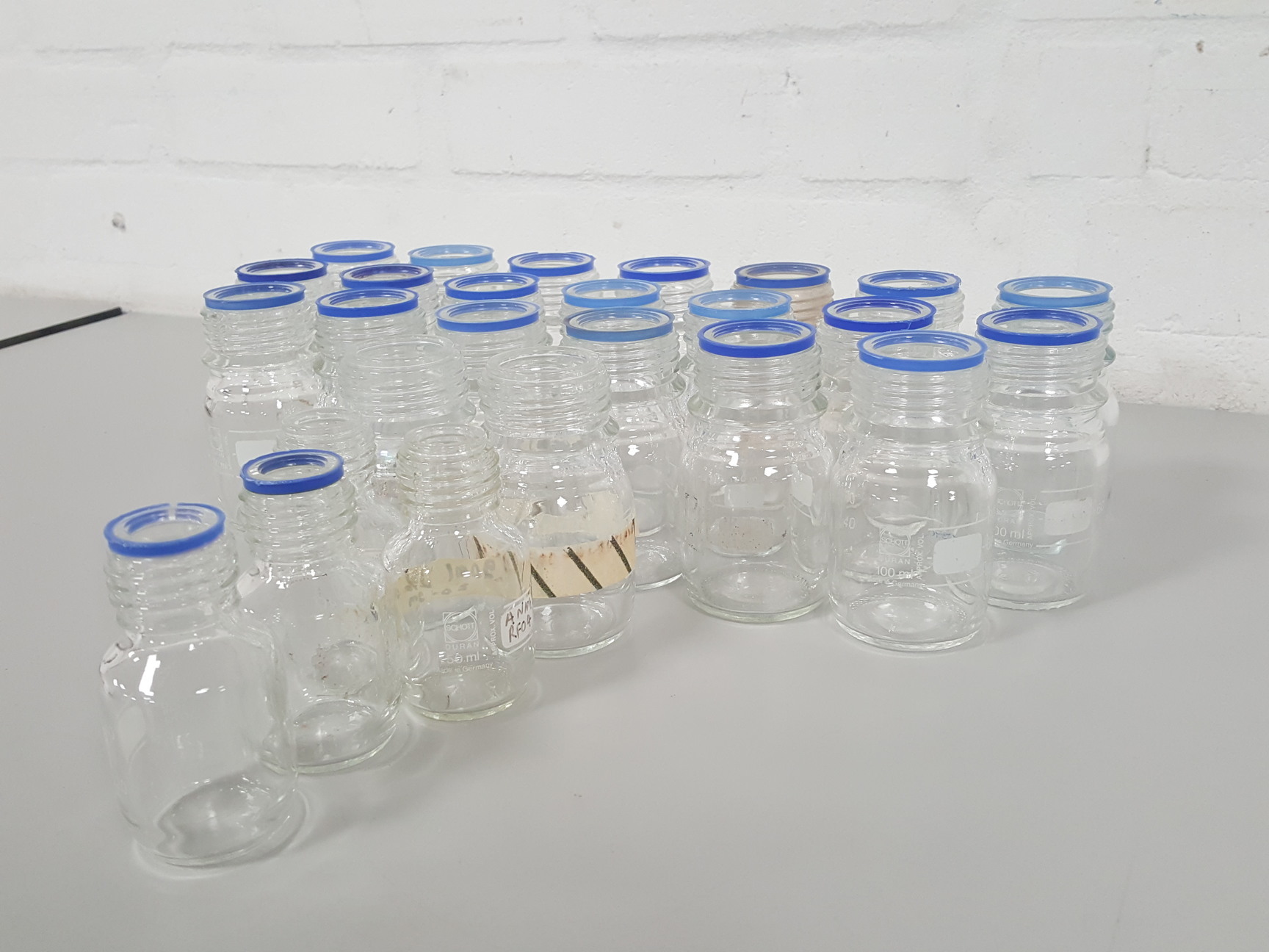 Image of 26x Glassware Duran Glass Bottles 100mL, 50mL, - No Lids