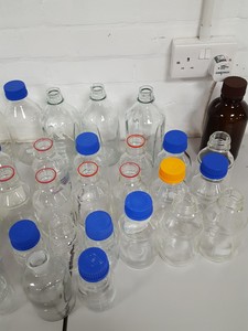 Thumbnail image of 52x Glass Duran Bottles Lab Glassware - Some Lids, Various Sizes