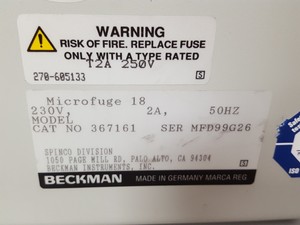 Thumbnail image of Beckman Coulter Microfuge 18 Benchtop Centrifuge + Rotor Lab