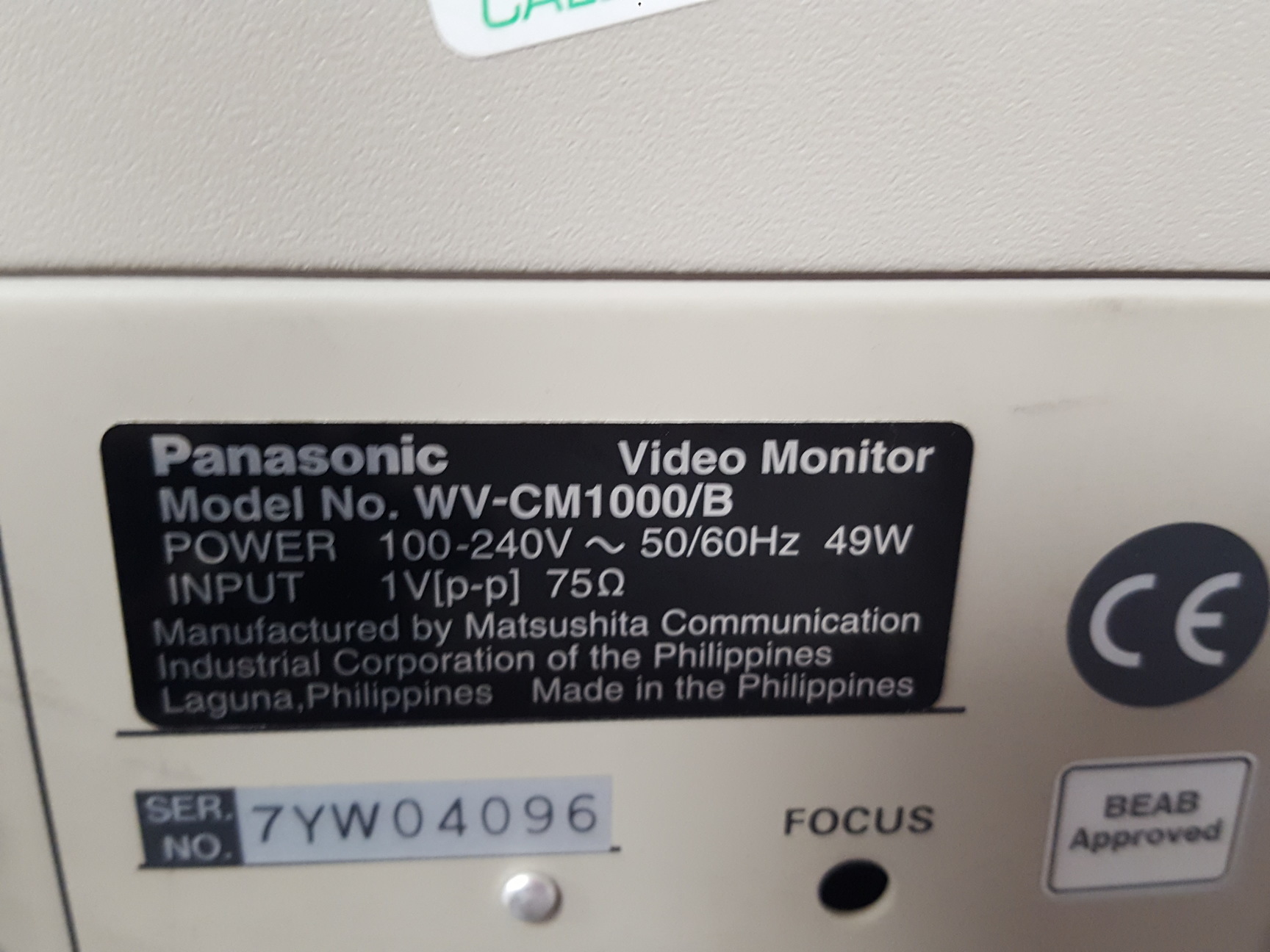 Image of Panasonic WV-CM1000/B Black & White CRT Monitor Video Input 
