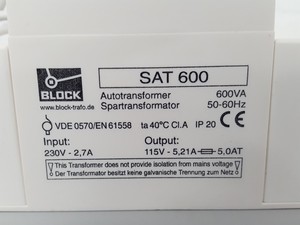 Thumbnail image of Block Type SAT 600 600VA Autotransformer 230 to 115V / 110V