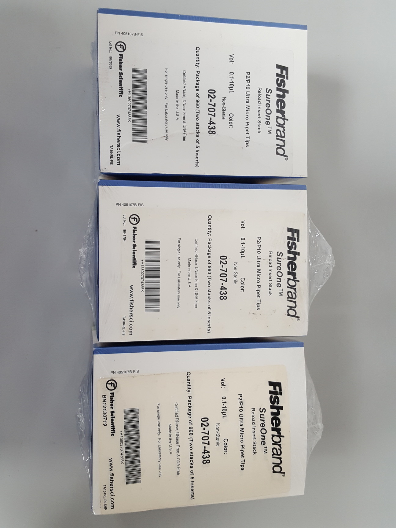 Image of 3 Boxes of Fisherbrand Sureone P2/P10 Ultra Micro Pipet Tips 0.1-10uL 02-707-438