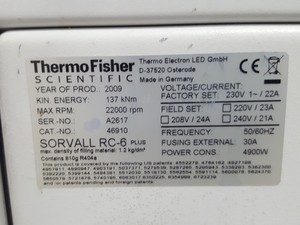Thumbnail image of Thermo Sorvall RC6 Plus Super Speed Refrigerated Lab Centrifuge 22000RPM