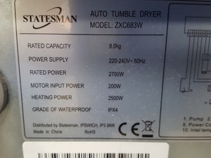 Thumbnail image of Statesman Sense-8 ZXC683W Commercial Condenser Tumble Dryer 