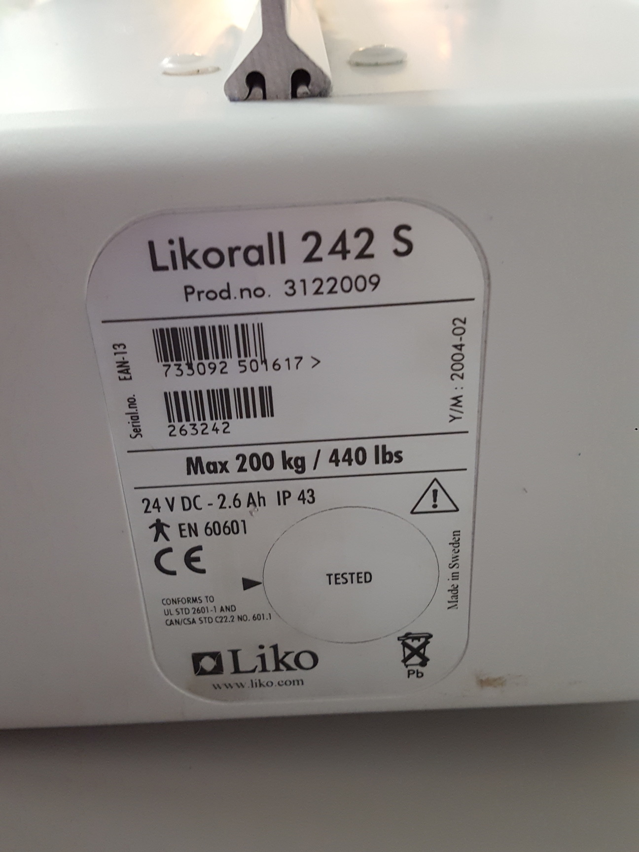 Image of Likorall 242 S R2R Overhead 200kg Disabled Lift Patient Winch Healthcare