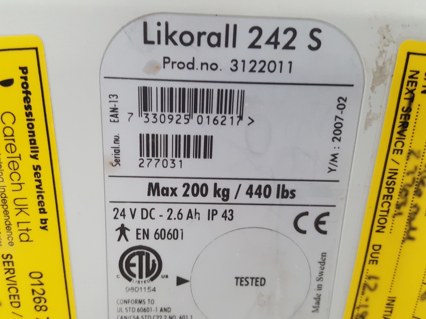 Image of Likorall 242 S R2R 200kg Overhead Patient Lift Healthcare Inc Hanger & Manual