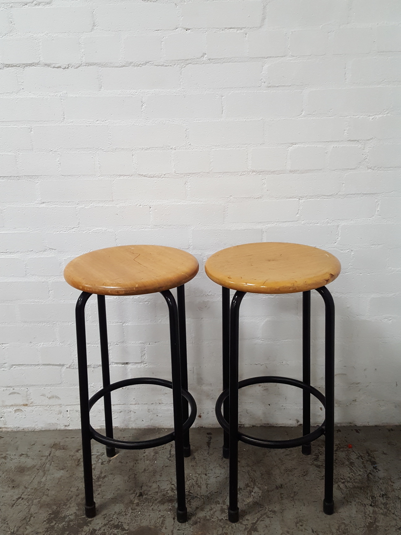 Image of 2 x Round Wooden Seated Lab Stools Lab Furniture Vintage School Upcycle