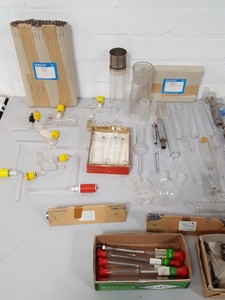 Thumbnail image of Large Lab Jointed Glassware Job Lot Centrifuge Tubes, Boiling Flasks