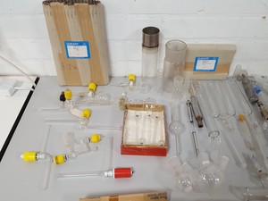 Thumbnail image of Large Lab Jointed Glassware Job Lot Centrifuge Tubes, Boiling Flasks