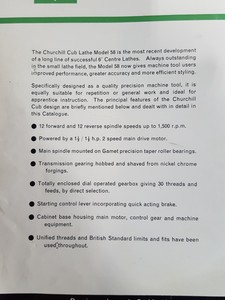 Thumbnail image of Churchill-Redman Churchill Cub Metalworking Lathe Model 58 6" Centre