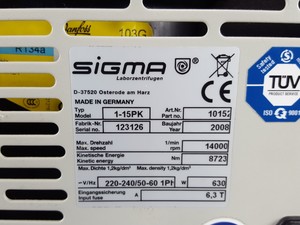 Thumbnail image of Sigma 1-15PK Lab Refrigerated Centrifuge PN:10152 14000rpm Lab Spares/Repair