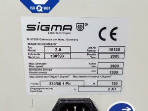 Thumbnail image of Sigma 2-5 3900rpm Benchtop Centrifuge + 11030 37/D Bucket Rotor Lab 