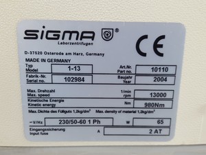 Thumbnail image of Sigma 1-13 Benchtop Centrifuge 13000rpm Lab