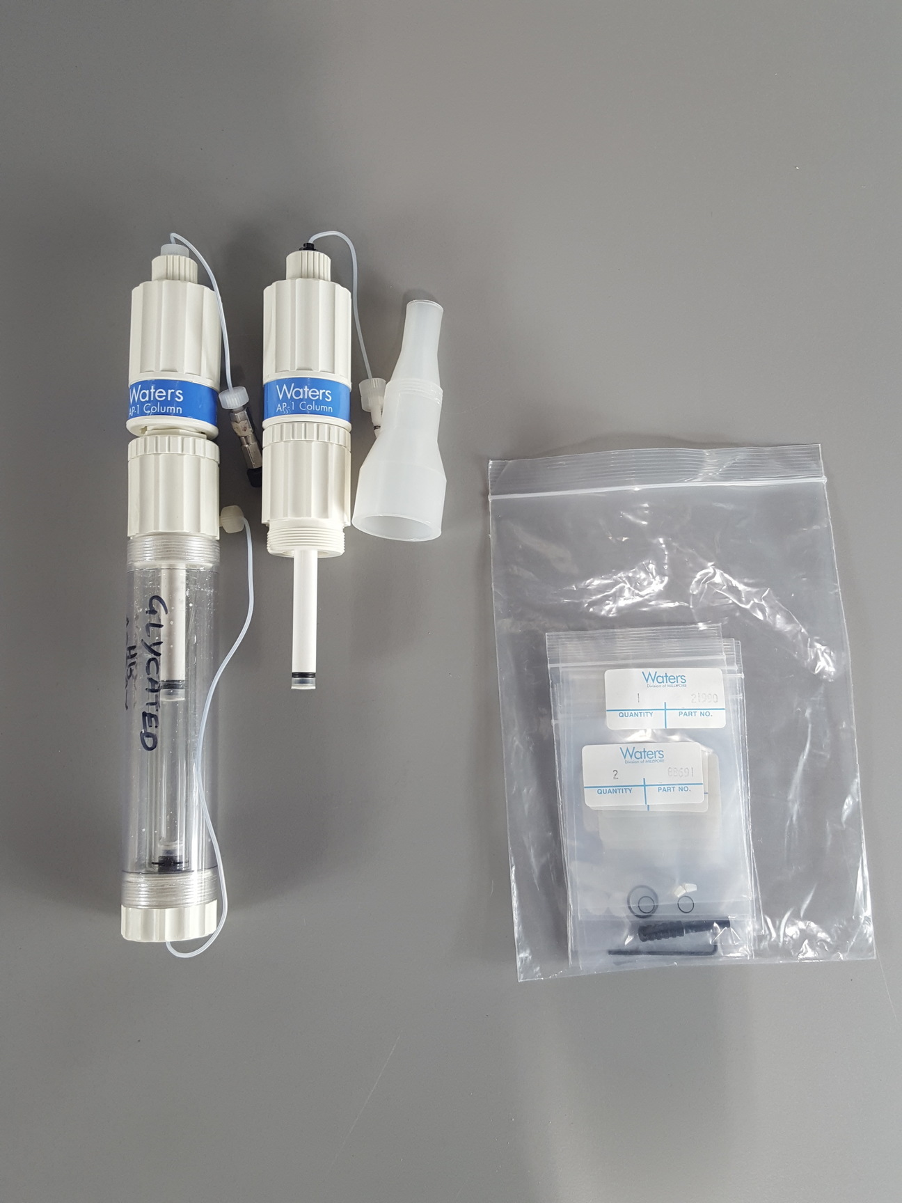 Image of 3x Waters Chromatography Columns. 2 x AP-1 P/N:21901, 1 x AP-2 P/N:27501 Lab