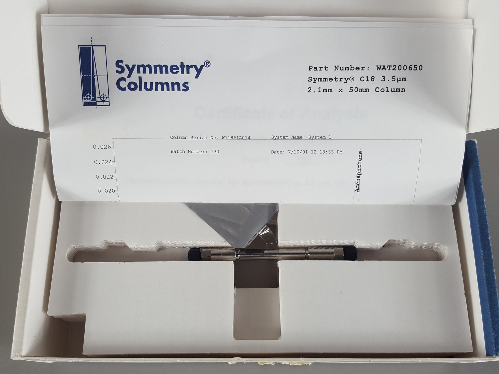 Image of Waters Symmetry C18 3.5um 2.1 x 50mm HPLC Chromatography Column Lab