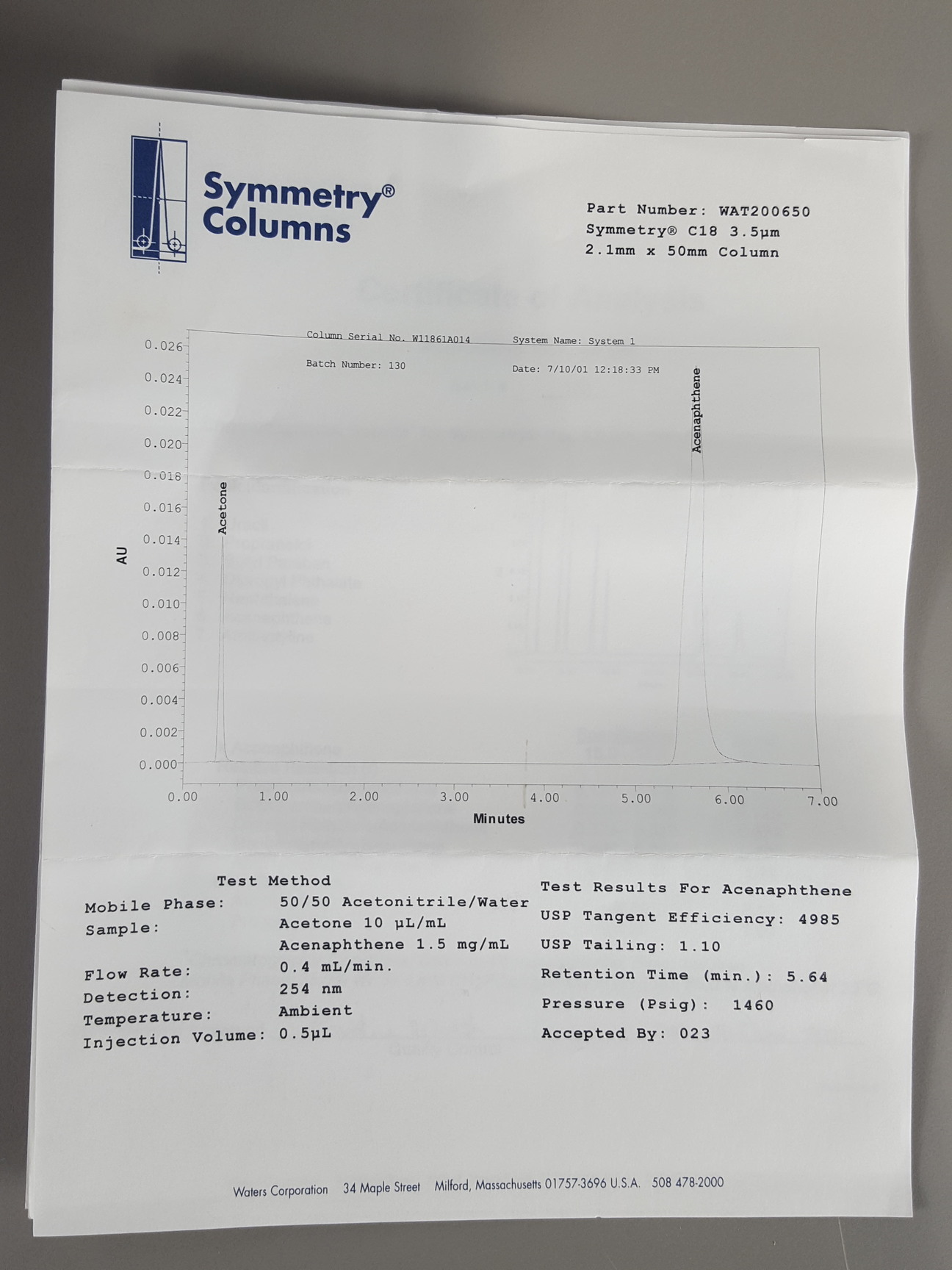 Image of Waters Symmetry C18 3.5um 2.1 x 50mm HPLC Chromatography Column Lab