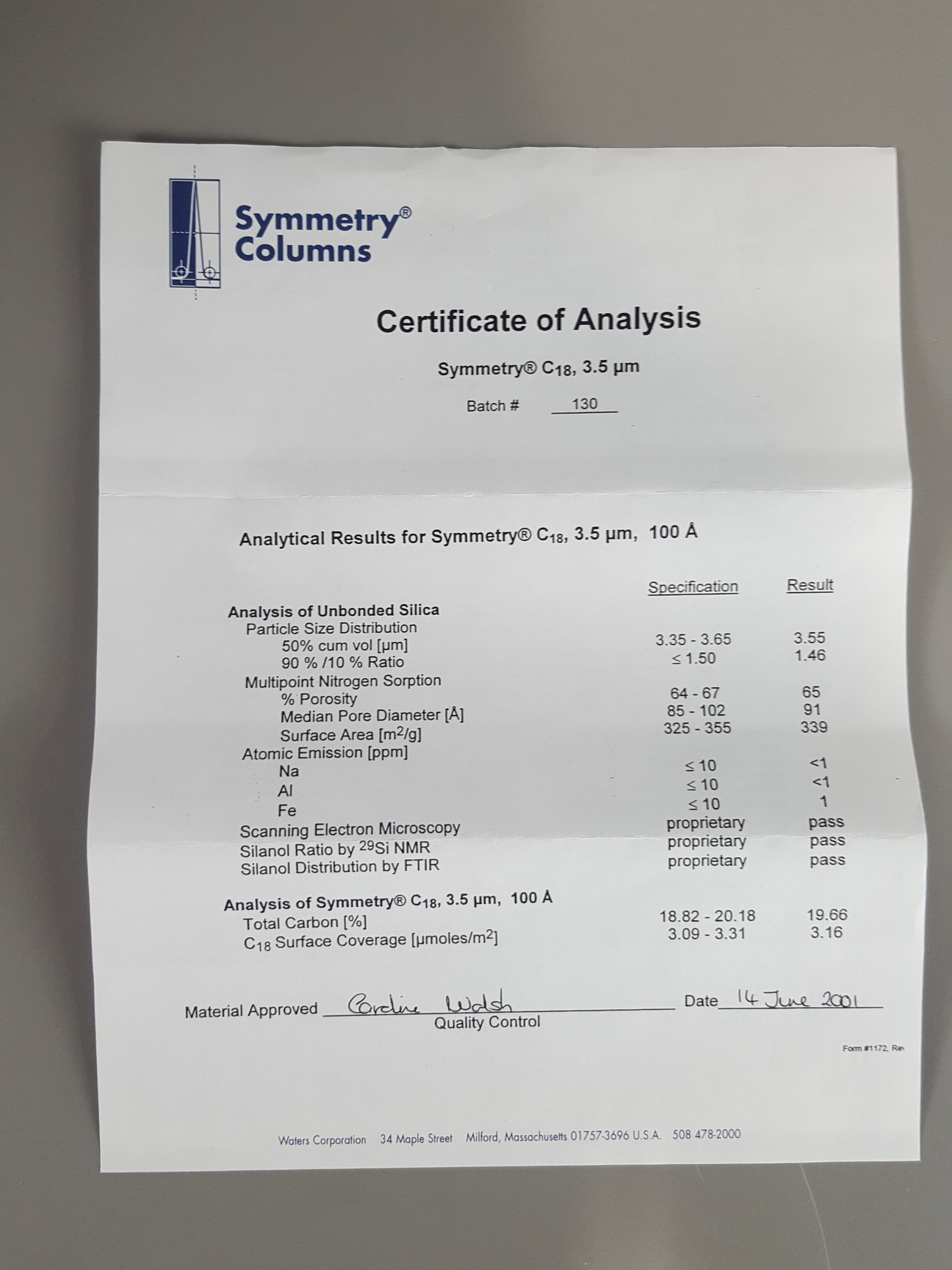 Image of Waters Symmetry C18 3.5um 2.1 x 50mm HPLC Chromatography Column Lab