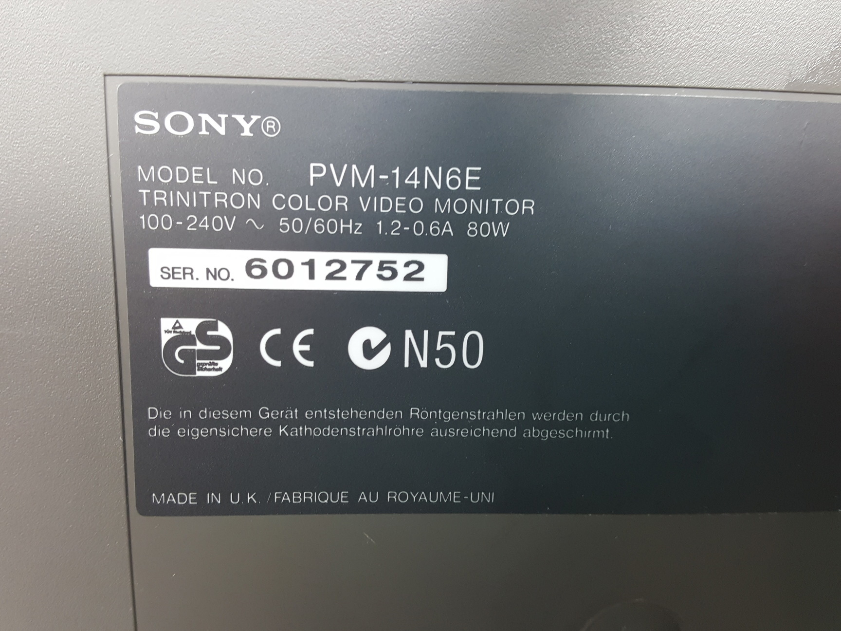 Image of SONY 13" Trinitron Colour Video CRT  Monitor. Model no. PVM-14N6E 
