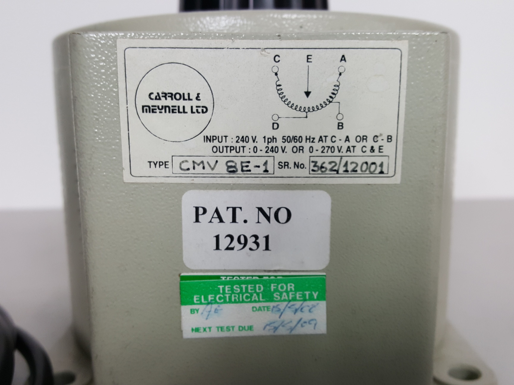 Image of Carroll & Meynell Variable Transformer Type - CMV 8E-1 Lab