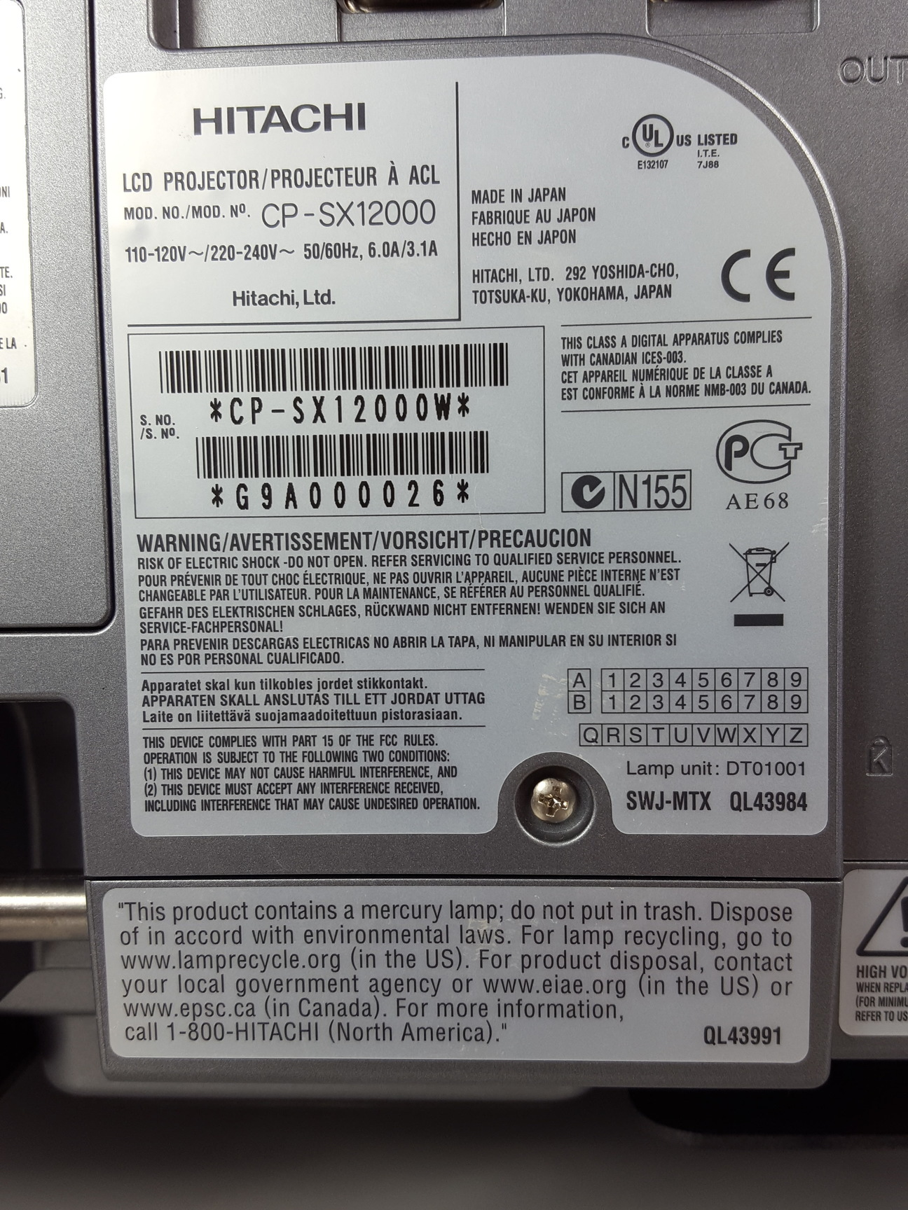 Image of Hitachi CP-SX12000 3LCD Projector with Faulty Lamp Unit