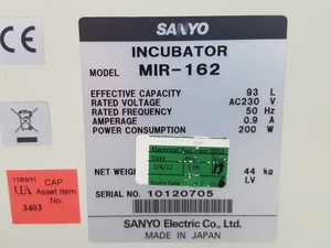 Thumbnail image of Sanyo MIR-162 Laboratory Incubator With User Manual Lab