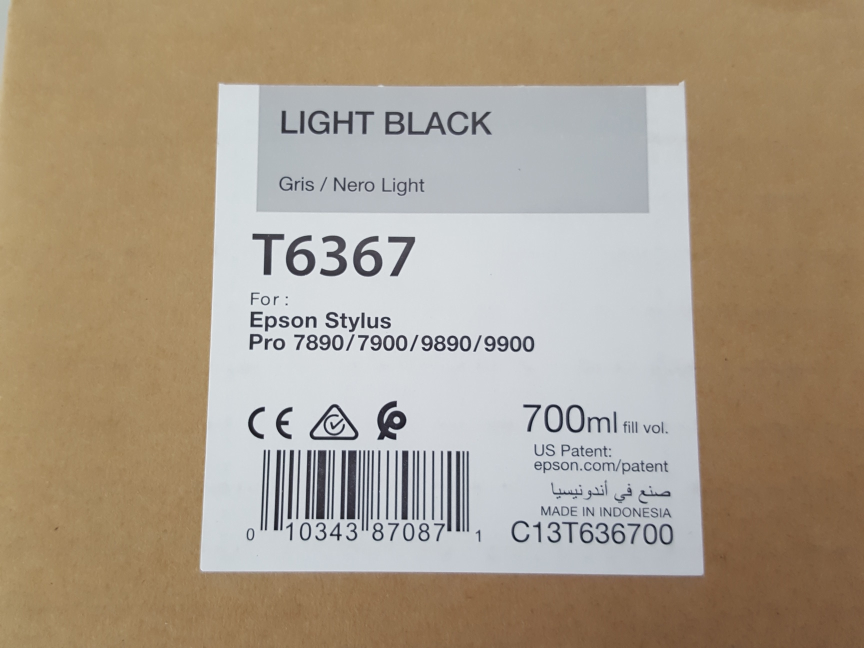 Image of Epson T6367 Light Black Toner Cartridge, Printer Ink, Stylus Pro, 700mL 