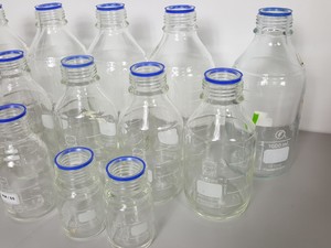Thumbnail image of Lot of 15 Schott Duran Lab Glass Bottles - 1000, 750, 500, 250, 200, 150, 100ml