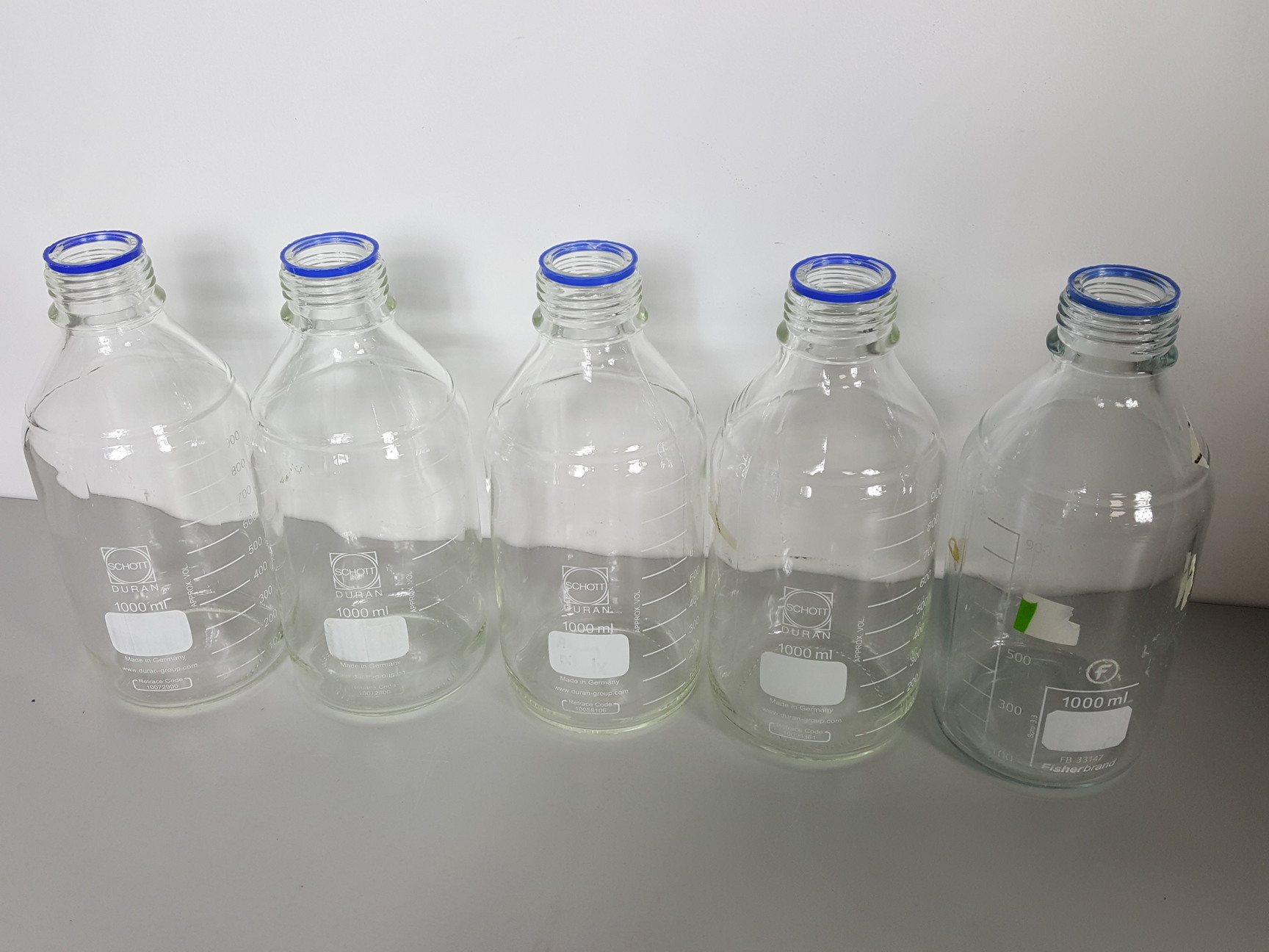Image of Lot of 15 Schott Duran Lab Glass Bottles - 1000, 750, 500, 250, 200, 150, 100ml