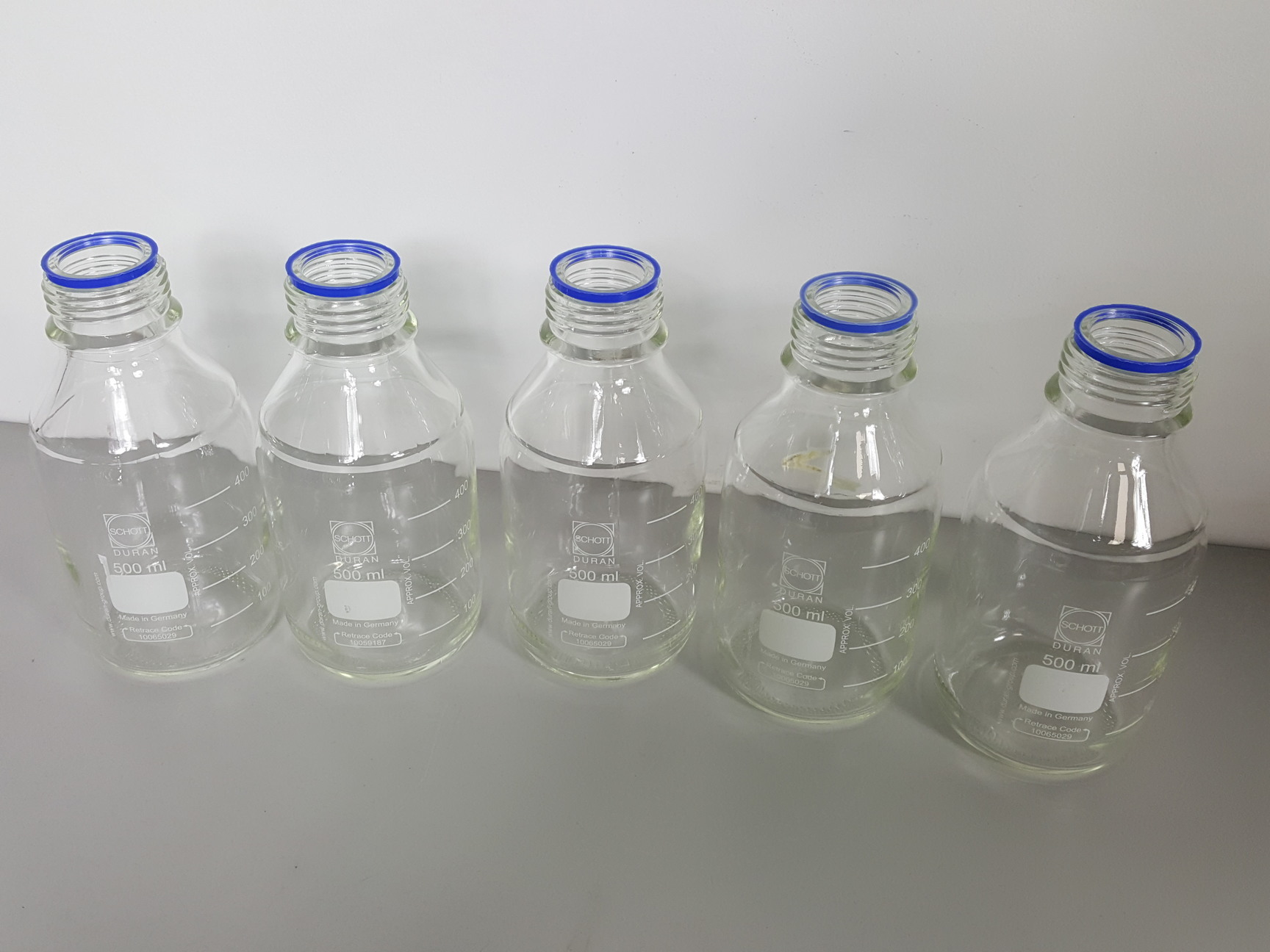 Image of Lot of 15 Schott Duran Lab Glass Bottles - 1000, 750, 500, 250, 200, 150, 100ml