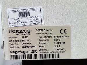 Thumbnail image of Heraeus Megafuge 1.0R Centrifuge with 5000rpm #2704 Rotor Lab