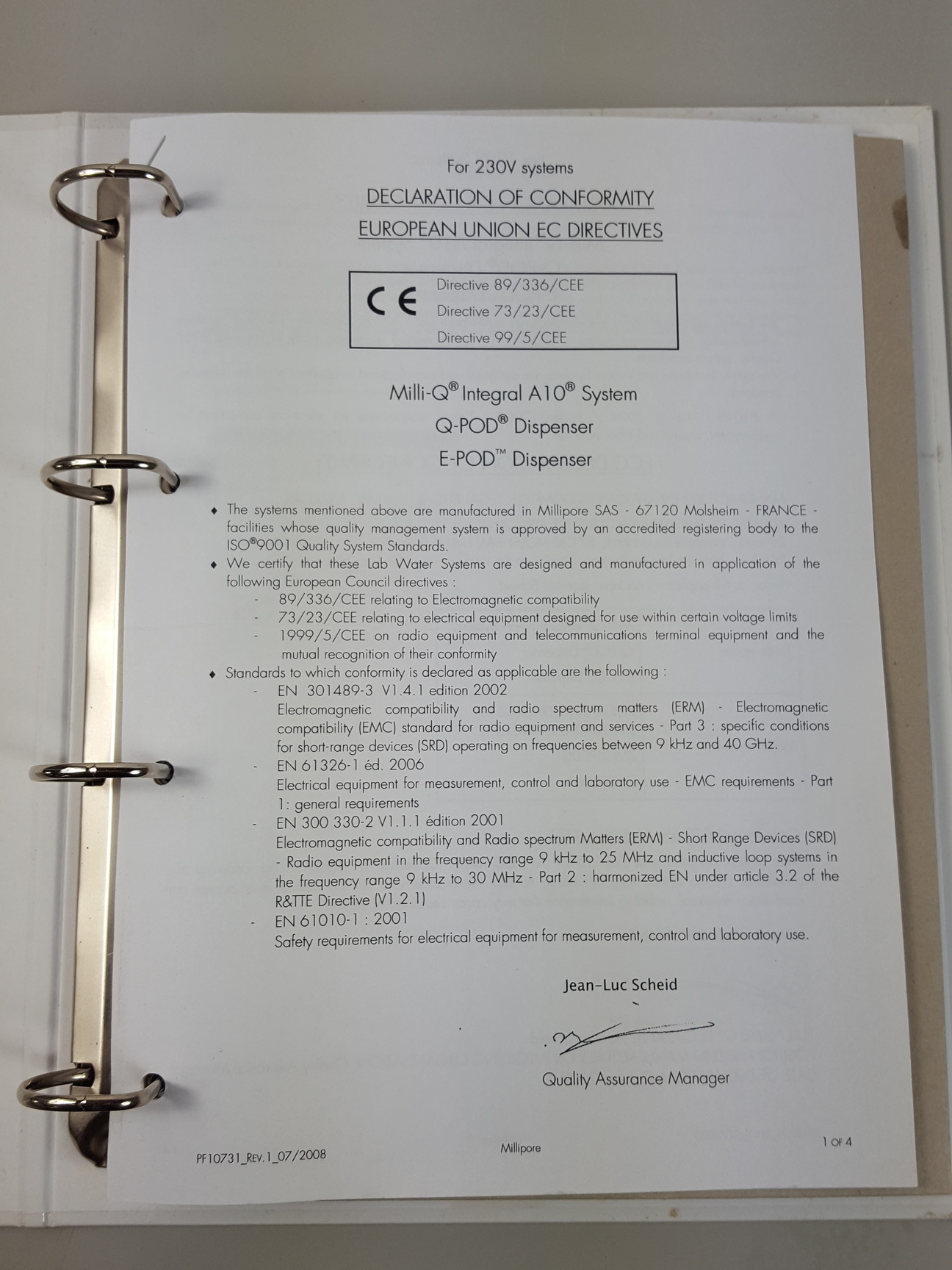 Millipore Water Purification Systems Manual for Polyethylene Reservoirs Lab