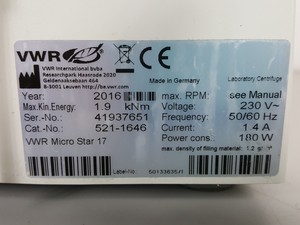 Thumbnail image of VWR Micro Star 17 Laboratory Centrifuge + 24-Tube Rotor Lab