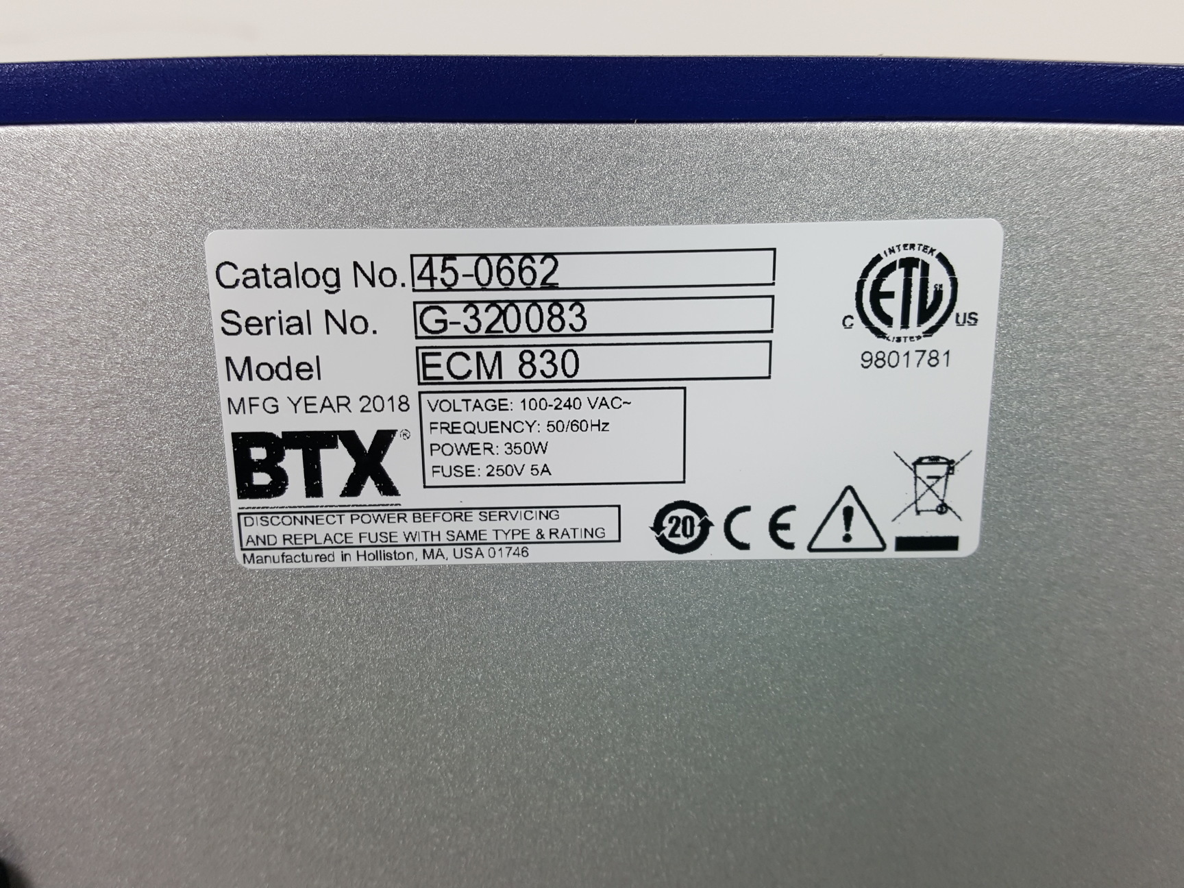 Image of BTX ECM 830 Square Wave Electroporation System Cat No 45-0662 Lab - 2018